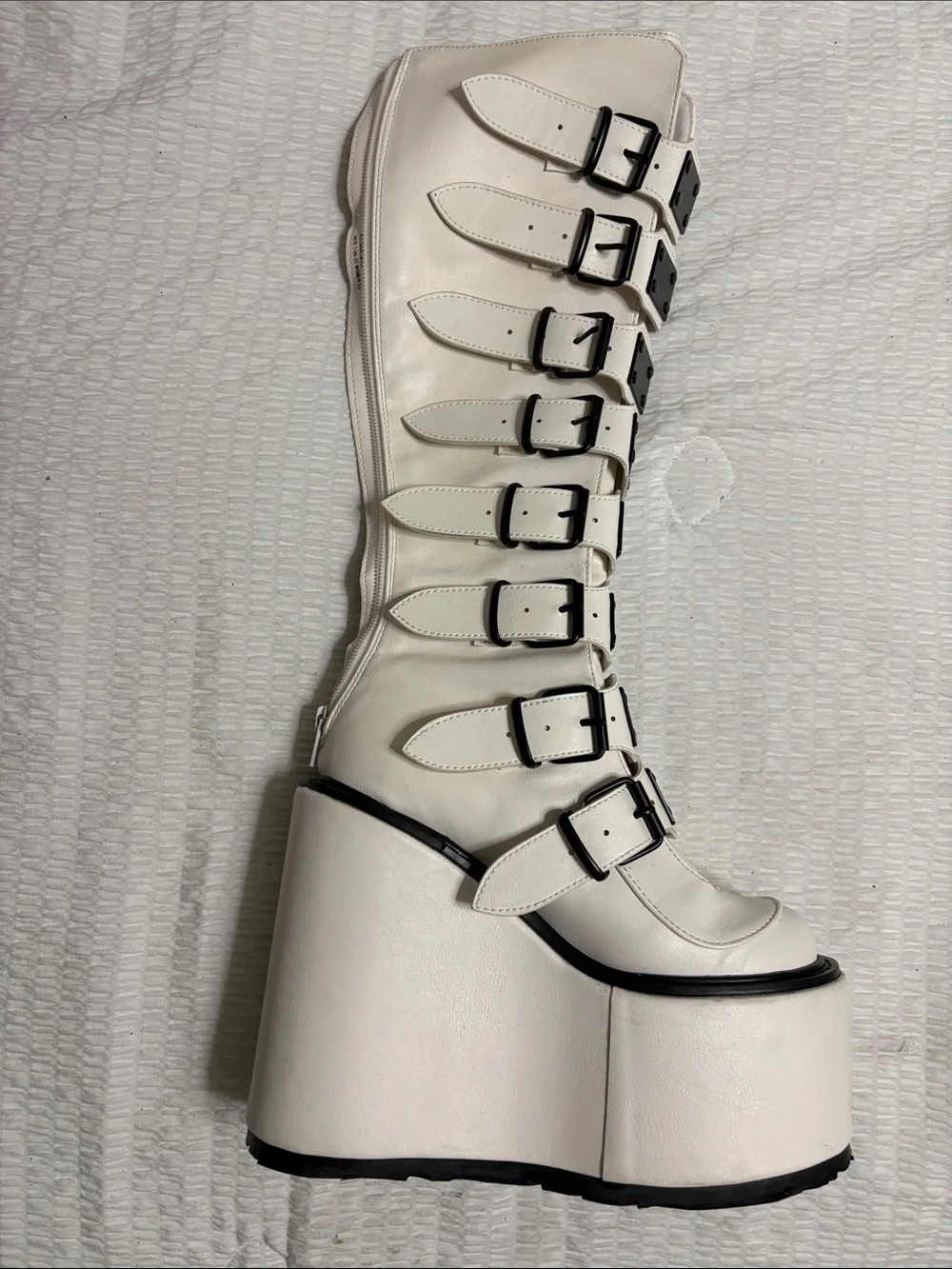 Demonia White Knee-High Platform Buckle Boots size 6 Goth